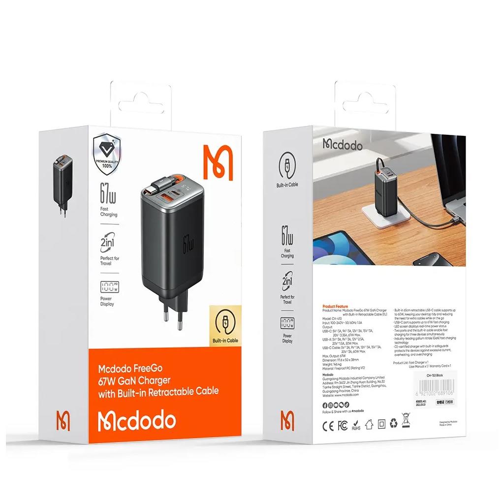 Mcdodo FreeGo CH-4100 67W Gan  Dahili Geri Çekilebilir Kablolu Şarj Adaptörü