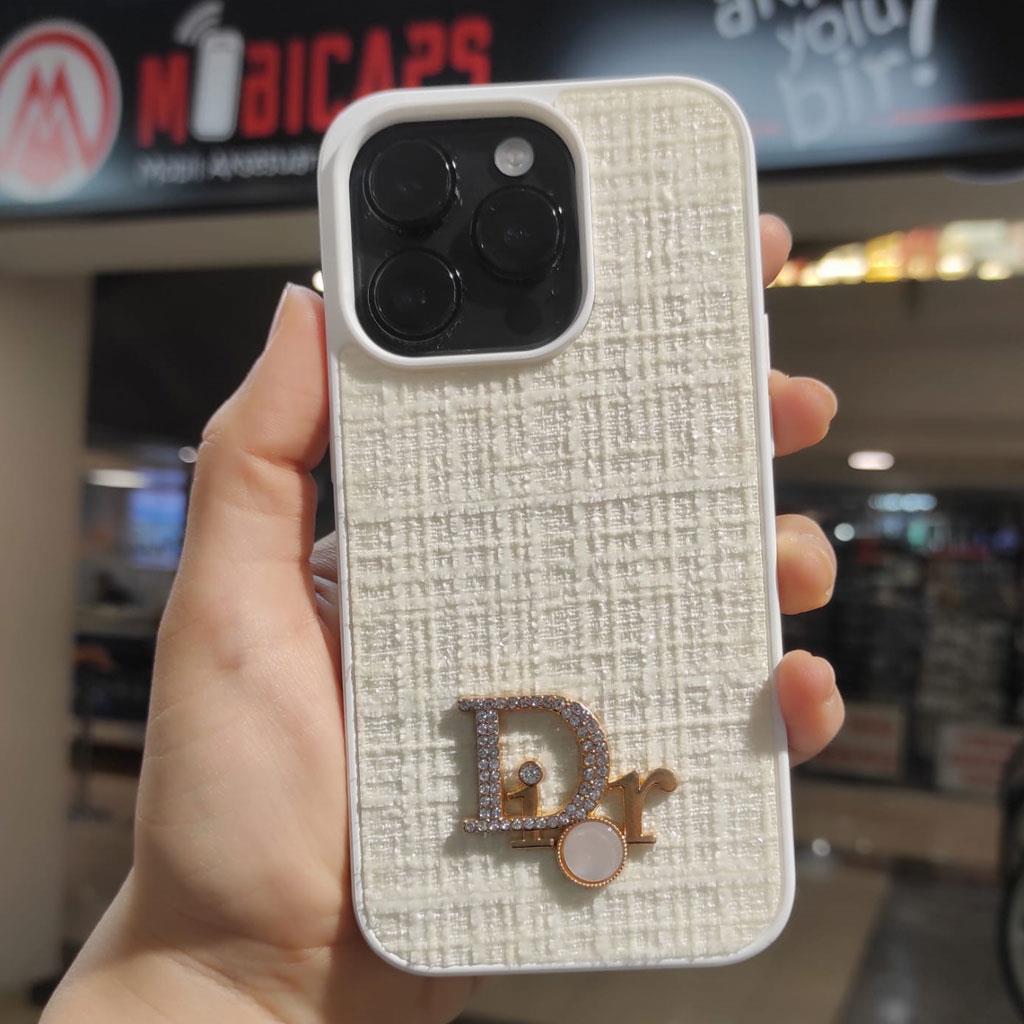 Apple iPhone 15 Pro Dior Logolu Kumaş Kaplamalı Telefon Kılıfı