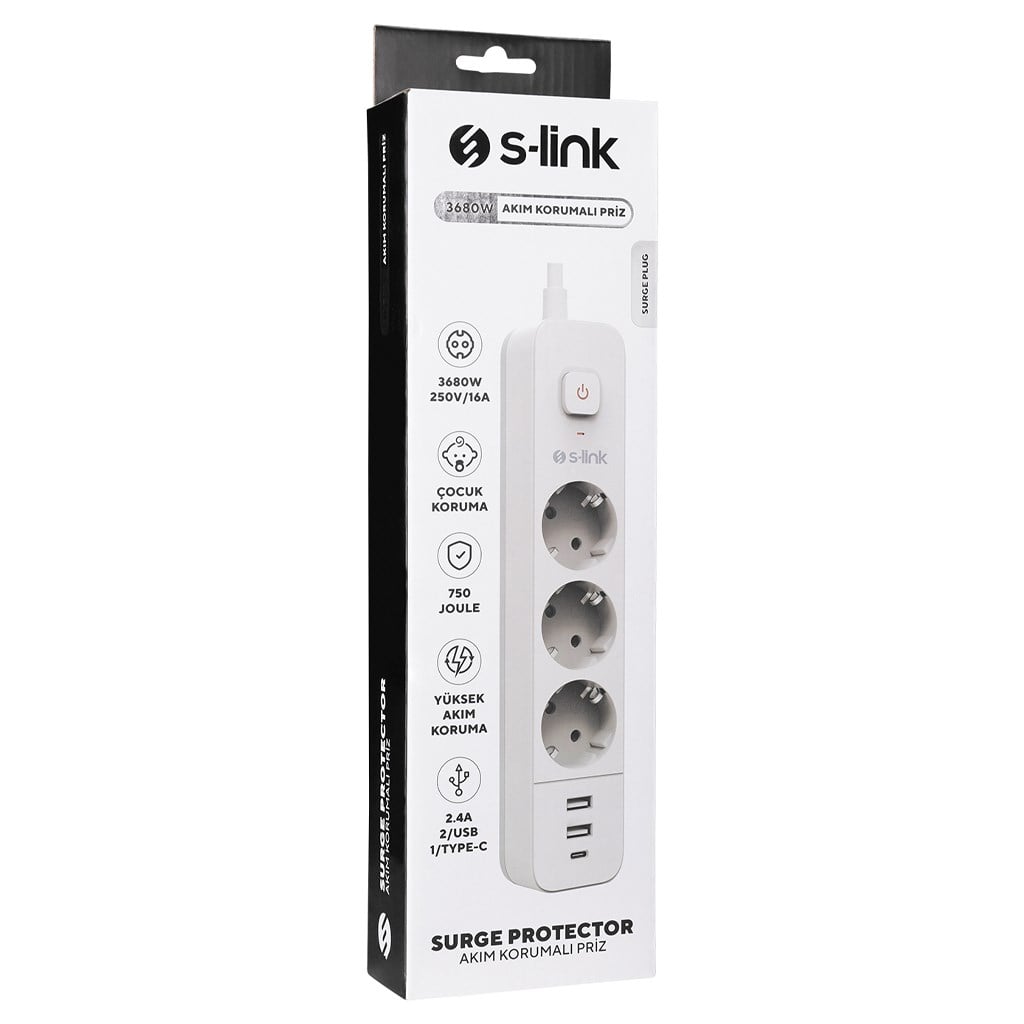S-link SPG03TC 5V2.4A 1.5m 750 Joule 3 lü Anahtarlı Akım Korumalı Priz