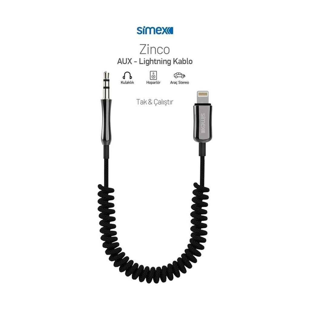 Simex 77 Plus SA-01 Zinco Kumaş Spiralli Lightning AUX Kablosu
