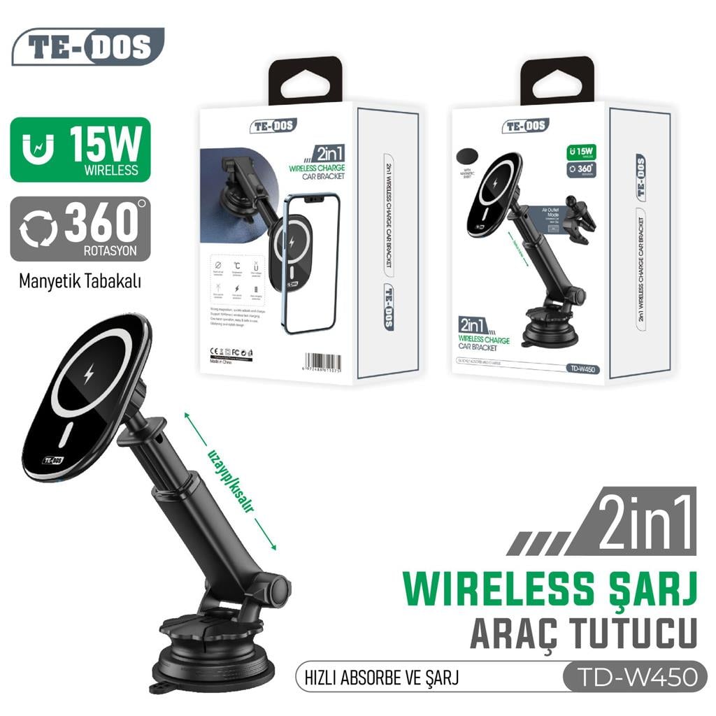 Te-Dos TD-W450 2in1 Magsafe 15W Kablosuz Şarj Özellikli Akrobat Telefon Tutucu Holder