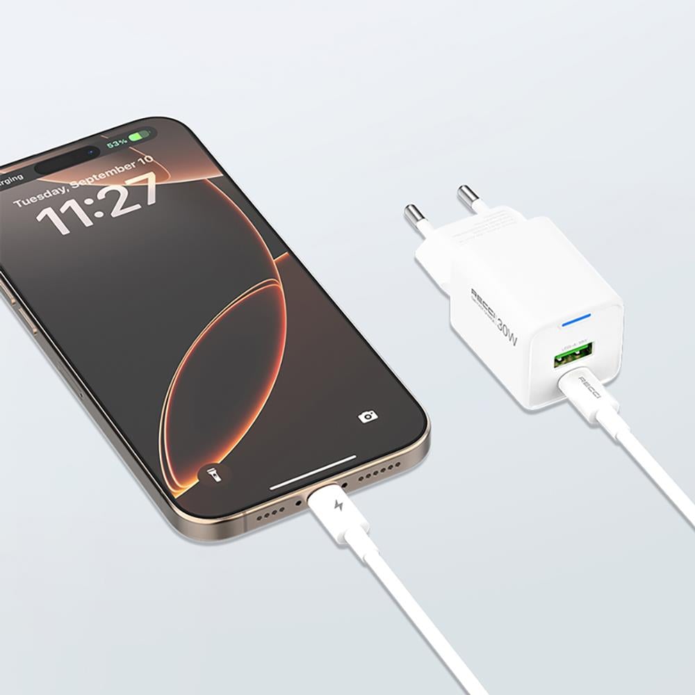 Recci RC107E Type-C PD & USB-A GaN Teknolojili Hızlı Şarj Başlığı 30W