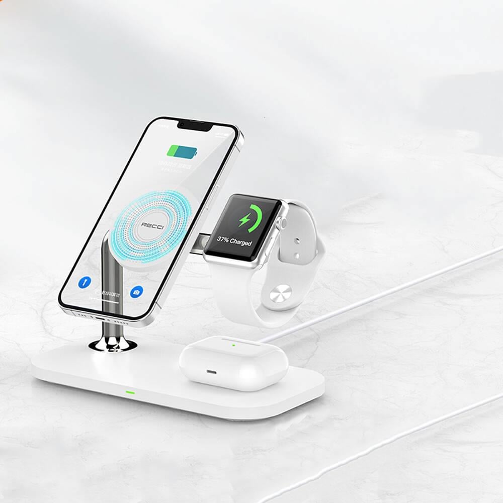 Recci RCW-20 Prestige Serisi 3in1 M-safe 15W Hızlı Şarj Özellikli Magnetik Kablosuz Şarj Standı
