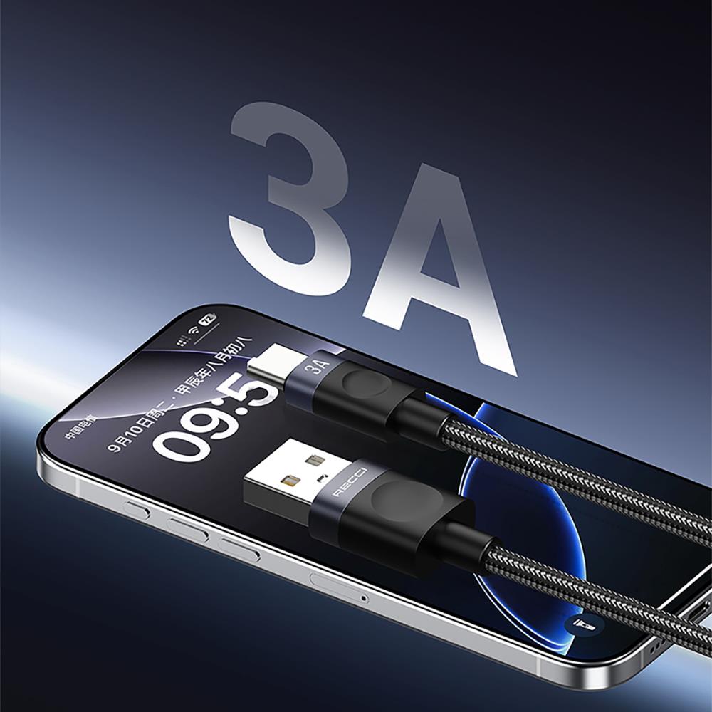 Recci RS50C USB-A to Type-C Örgü Tasarımlı Hızlı Şarj Özellikli Data ve Şarj Kablosu 1M
