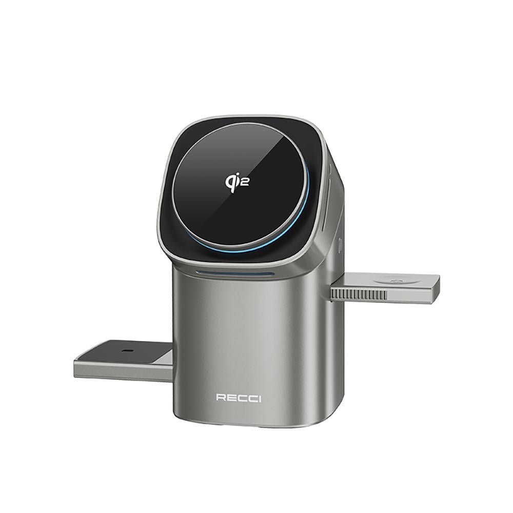 Recci RW05 Qi2 Şarj Teknolojili Ambiyans Işıklı Telefon&Akıllı Saat&Kulaklık 15W 3in1 Kablosuz Şarj Standı