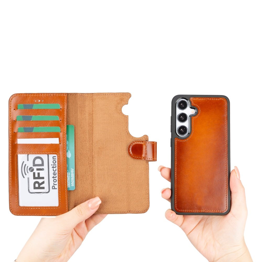 Samsung Galaxy S25 uyumlu, Hakiki Deri, El Yapımı, Cüzdanlı Kılıf, Gölgeli Taba