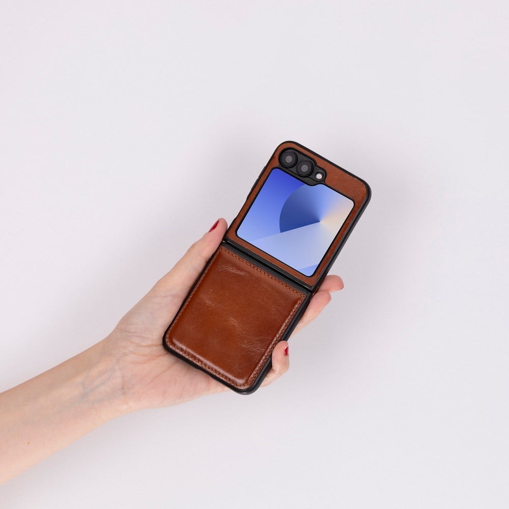 Samsung Galaxy Z Flip6 Uyumlu, Hakiki Deri, El Yapımı Arka Kapak Gölgeli Taba