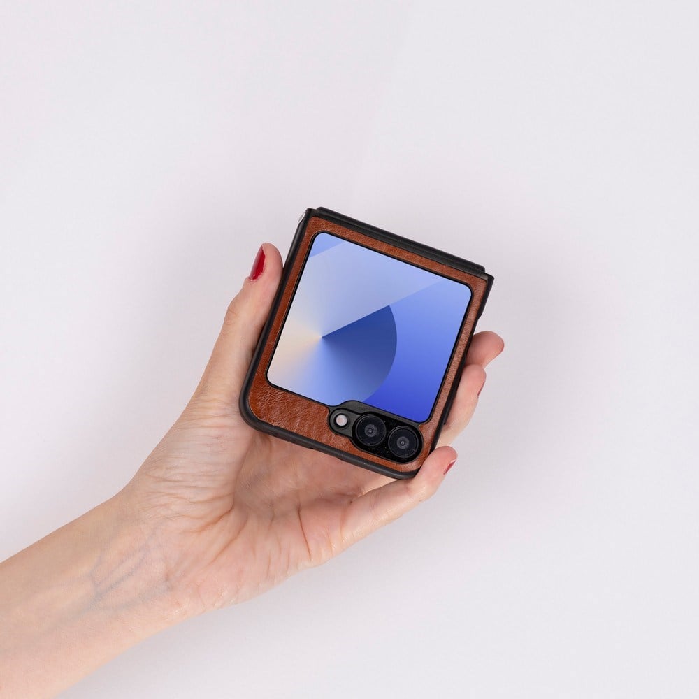 Samsung Galaxy Z Flip6 Uyumlu, Hakiki Deri, El Yapımı Arka Kapak Gölgeli Taba