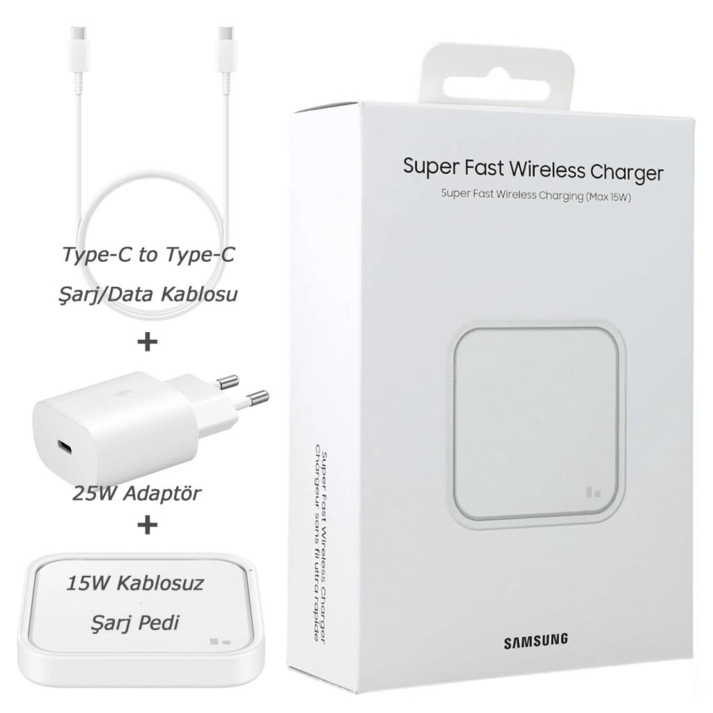 Samsung EP-P2400T Kablosuz Hızlı Şarj Cihazı +25W Şarj Adaptörü + Type-C to Type-C Kablo Şarj Seti