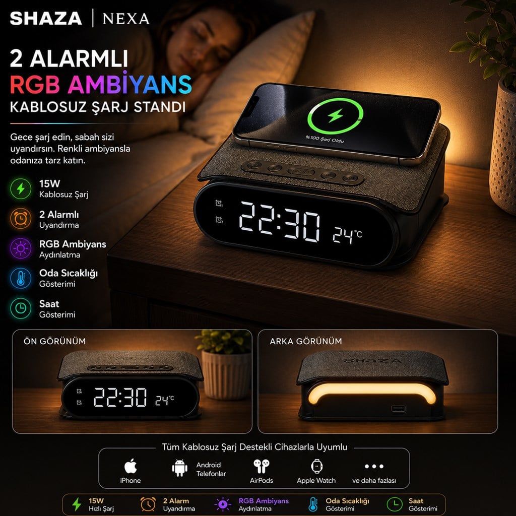 SHAZA Nexa Serisi Kablosuz Şarj Özellikli Atmosfer Işıklı Alarmlı Masaüstü Saat