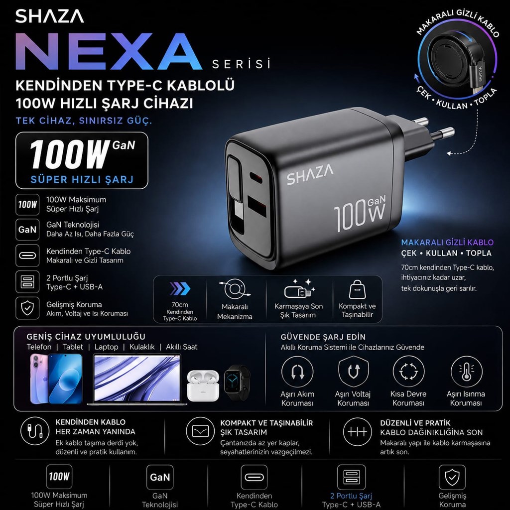 SHAZA Nexa Serisi Kendinden Kablolu 100W Adaptör