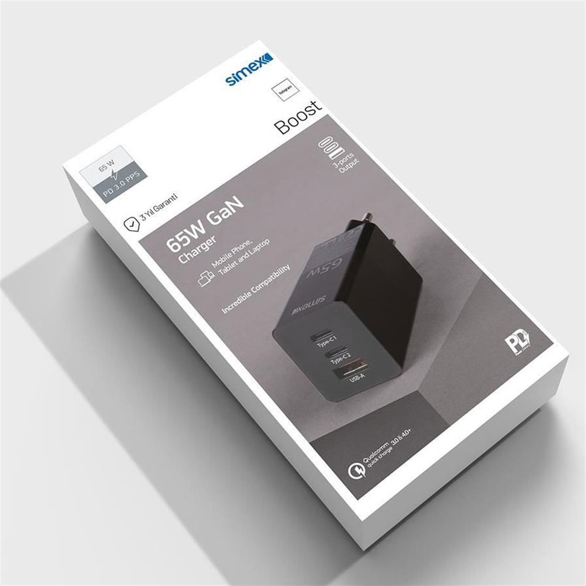 ŞARJ CİHAZI Simex Boost SPS-06 2 PD + USB-A QC3.0/4.0 65W GaN Şarj Cihazı