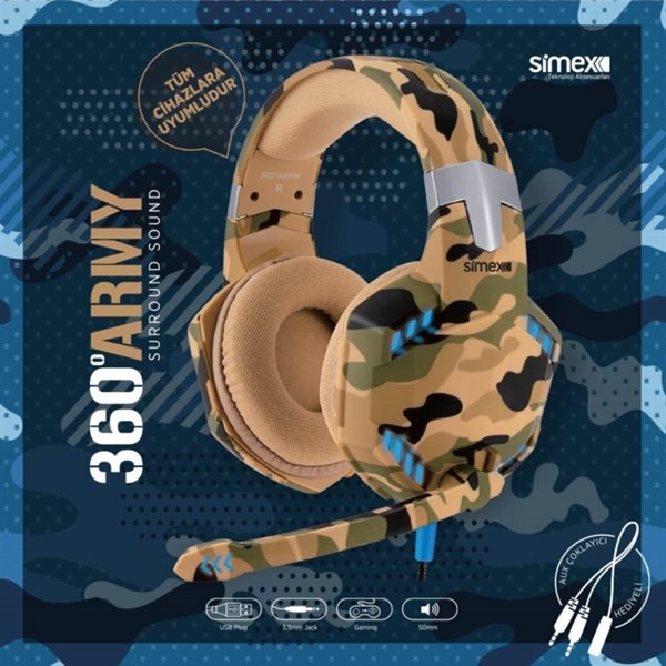 KULAKLIK Simex Game-S1 360 Army Kamuflaj Kablolu Oyun Kulaklığı