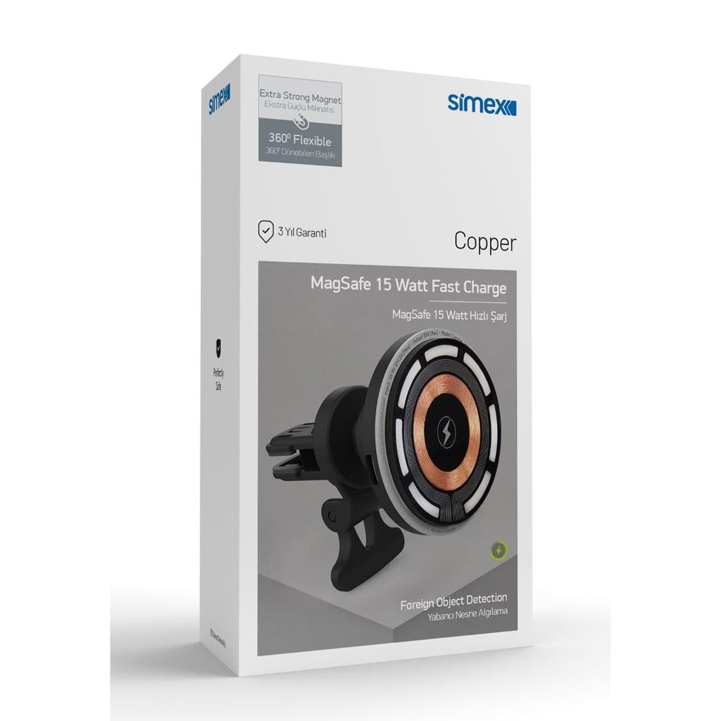Simex Copper 15W Kablosuz Hızlı Şarj Destekli 360 Derece Dönebilir Extra Güçlü Mıknatıslı Magsafe Araç İçi Telefon Tutucu