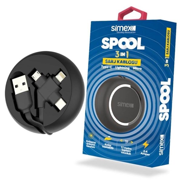 ŞARJ / DATA KABLOLARI Simex Spool 3 IN 1Şarj Kablosu