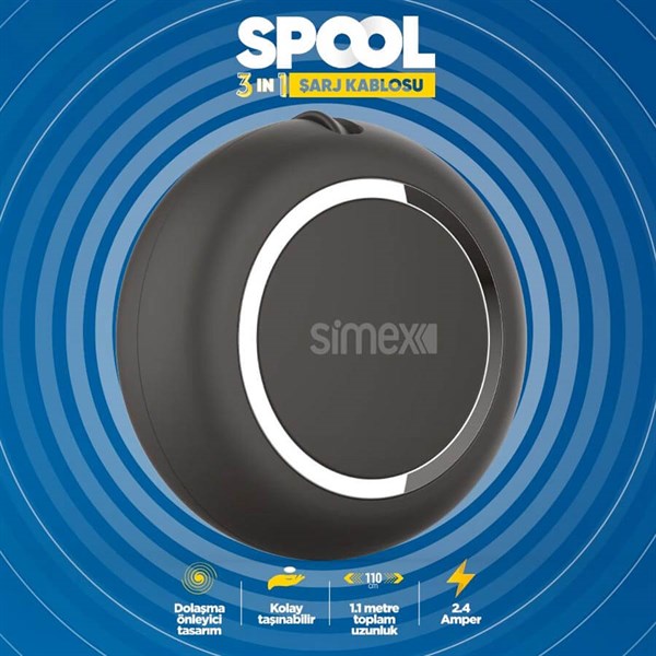ŞARJ / DATA KABLOLARI Simex Spool 3in1 Şarj Kablosu