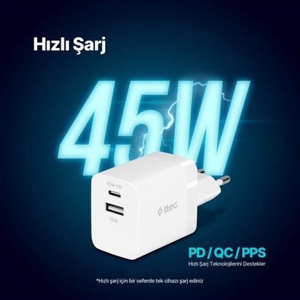 Ttec SmartCharger Duo Pro 45W PD USB-C/USB-A Seyahat Şarj Başlığı