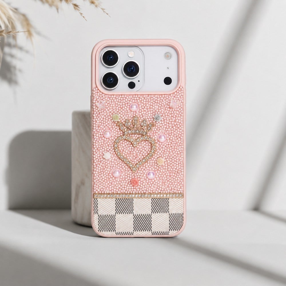 Vissel iPhone 17 Pro Uyumlu Taşlı Kalp Detaylı Kılıf – Parlak Taşlı, Darbe Emici Koruma, Şık & Trend Telefon Kılıfı, Pembe