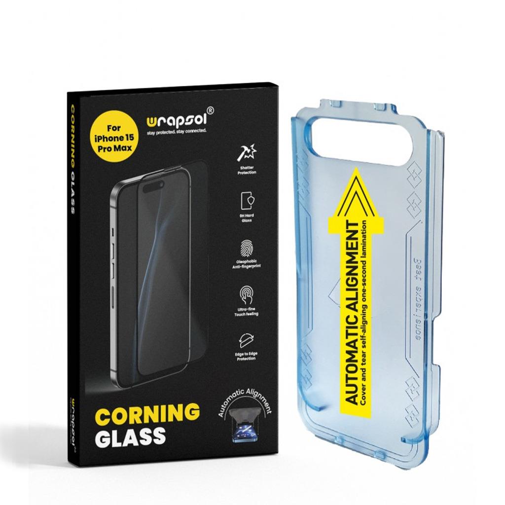 Wrapsol iPhone 15 Pro Max Corning Glass Hizalama Aparatlı Ekran Koruyucu