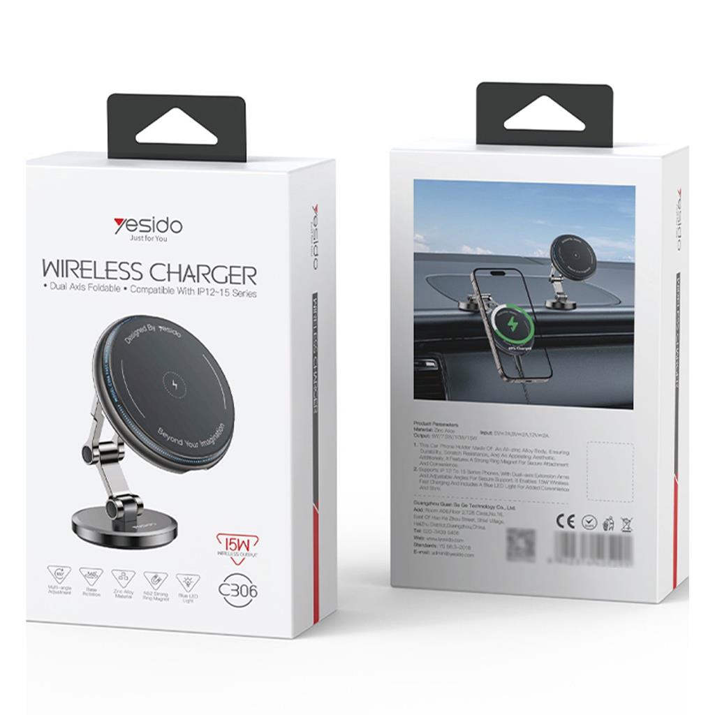 Yesido C306 Yapışkanlı 360 Derece Ayarlanabilir 15W Kablosuz Şarjlı Magsafe Araç Tutucu