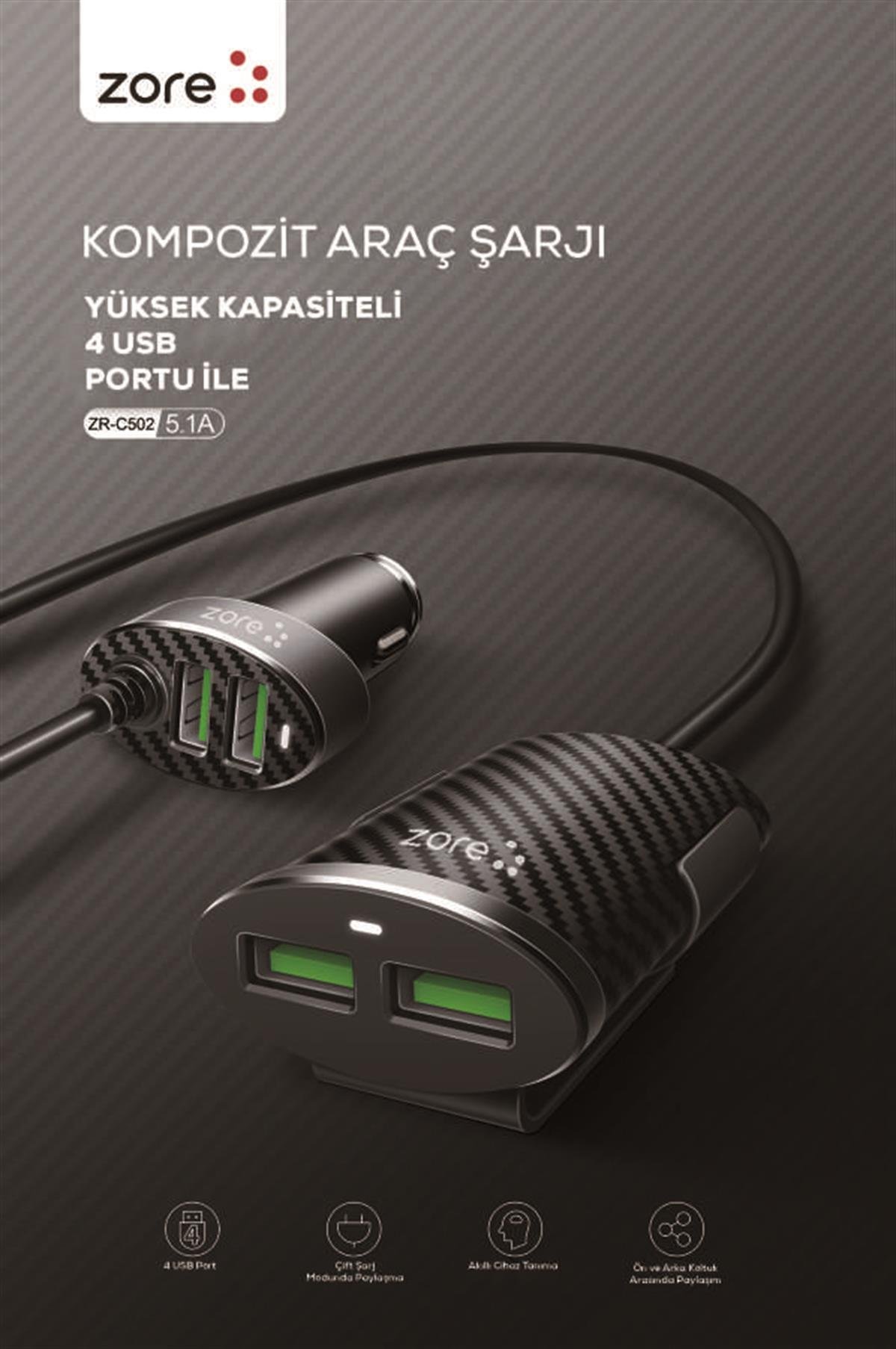 Zore ZR-C502 2+2 Araç Şarj Seti