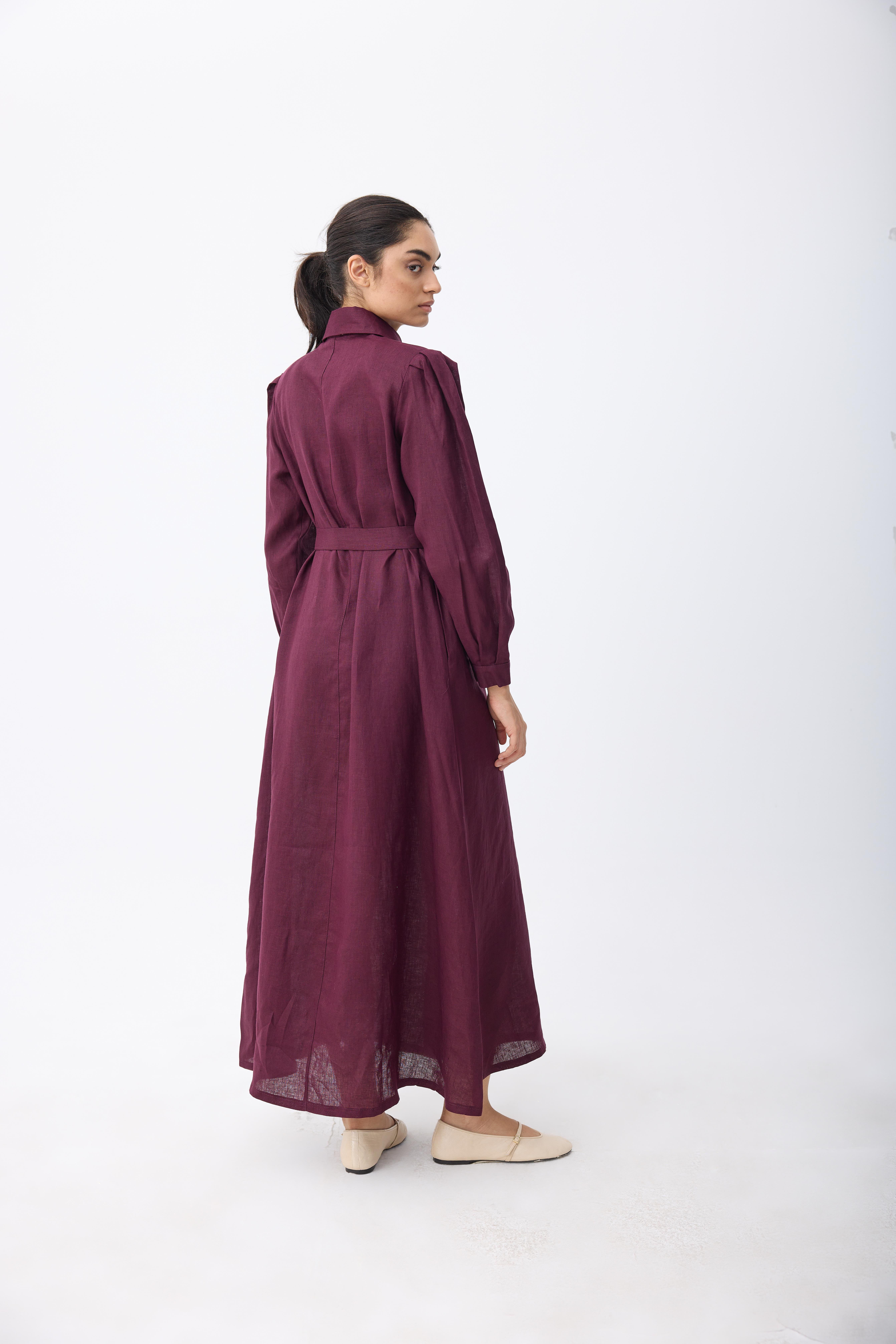 Alora Bordo Keten Elbise 