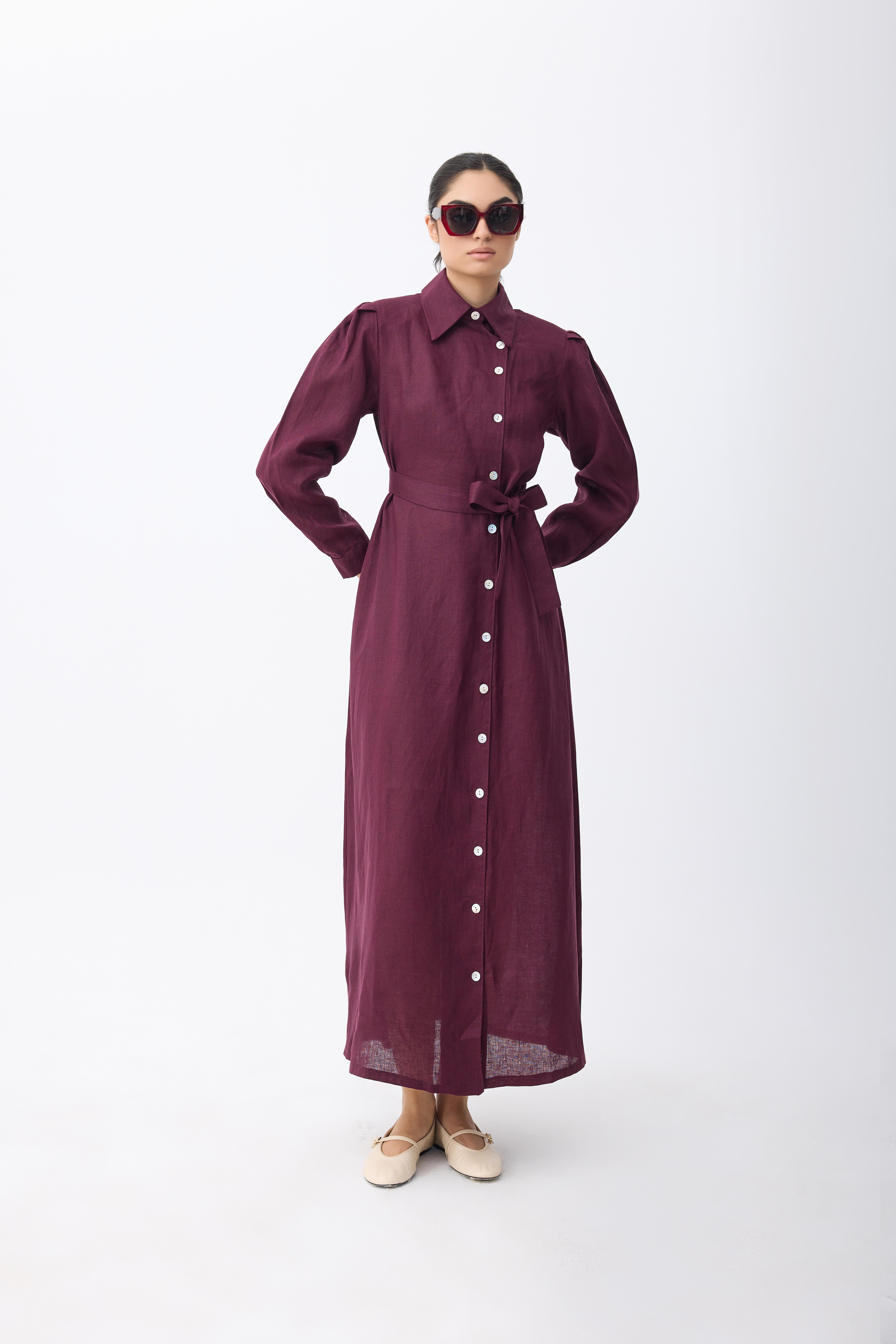 Alora Bordo Keten Elbise 