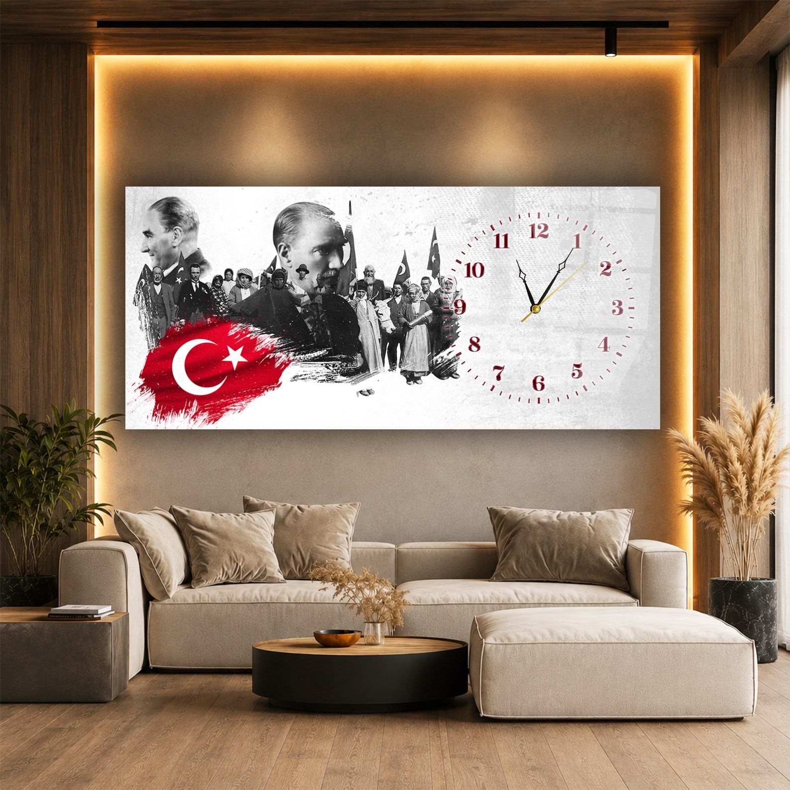 Yatay Saatli Yandan Vatan Temalı Cam Tablo 026