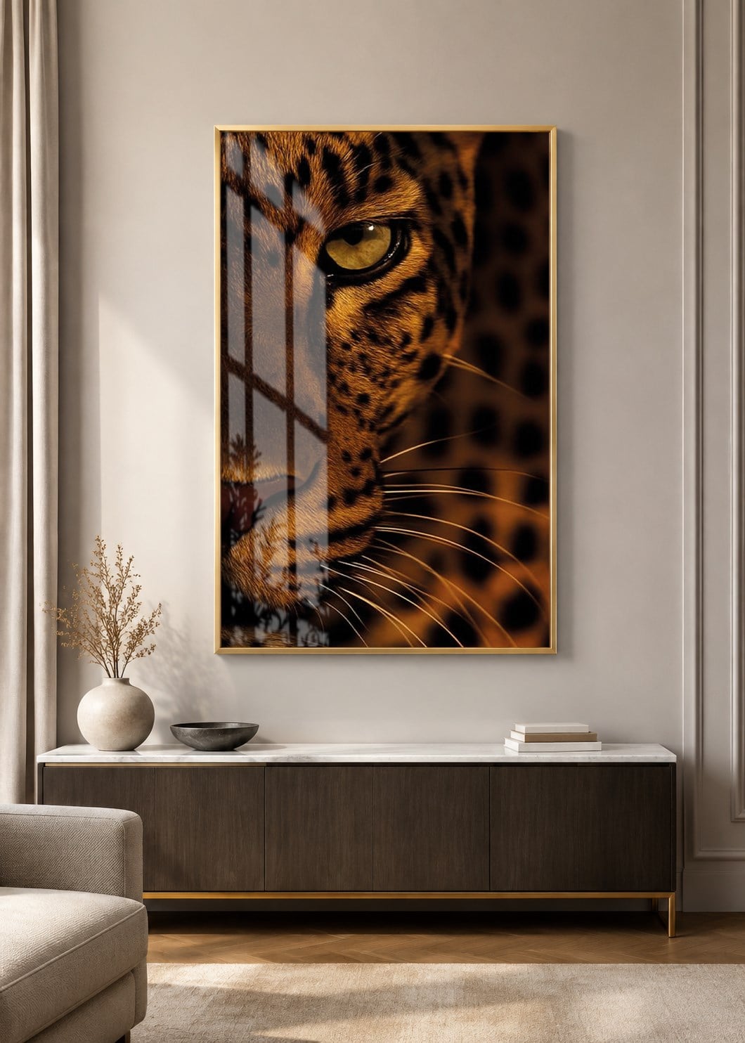 Leopar Portresi Alüminyum Çerçeveli Dekoratif Cam Duvar Tablosu