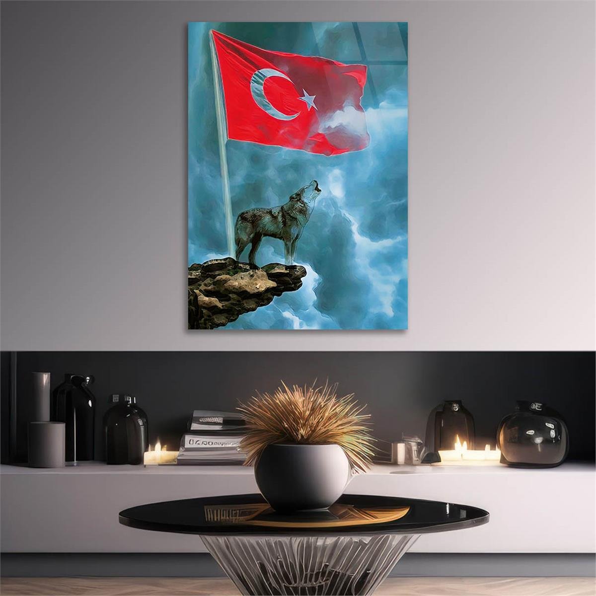 Turkish Flag and Wolf Tempered Glass Wall Art 