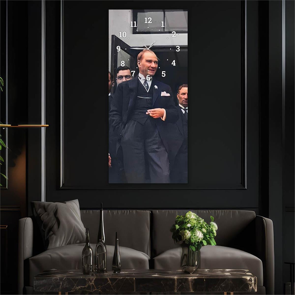 Vertical National Themed Glass Wall Art with Clock at the Top 015