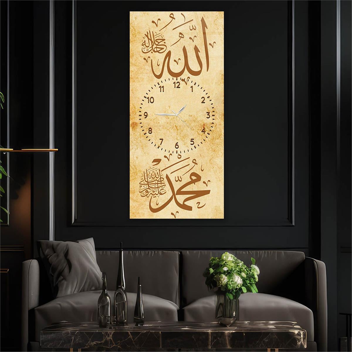 Vertical Religious Themed Glass Wall Art with Clock at the Center 002