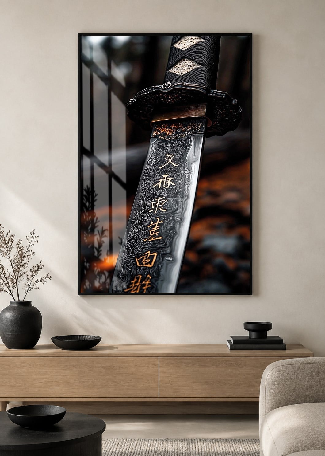 Japon Katana Kılıcı Alüminyum Çerçeveli Dekoratif Cam Duvar Tablosu