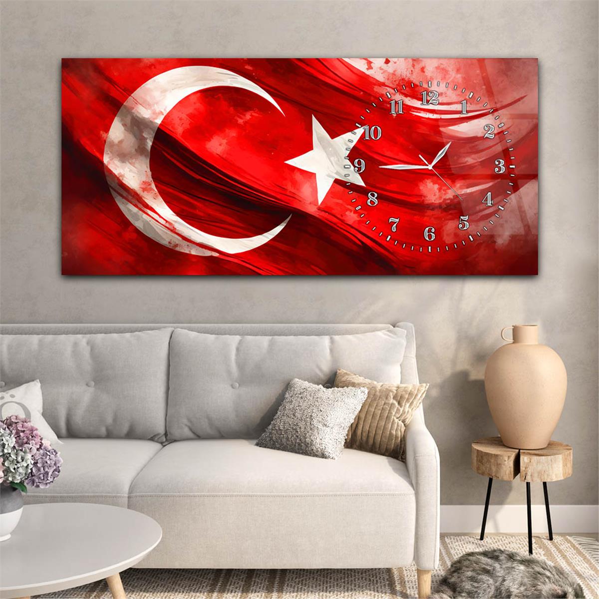 Yatay Saatli Yandan Vatan Temalı Cam Tablo 028