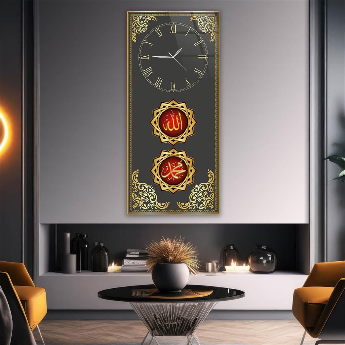 Vertical Religious Themed Glass Wall Art with Clock at the Top  032