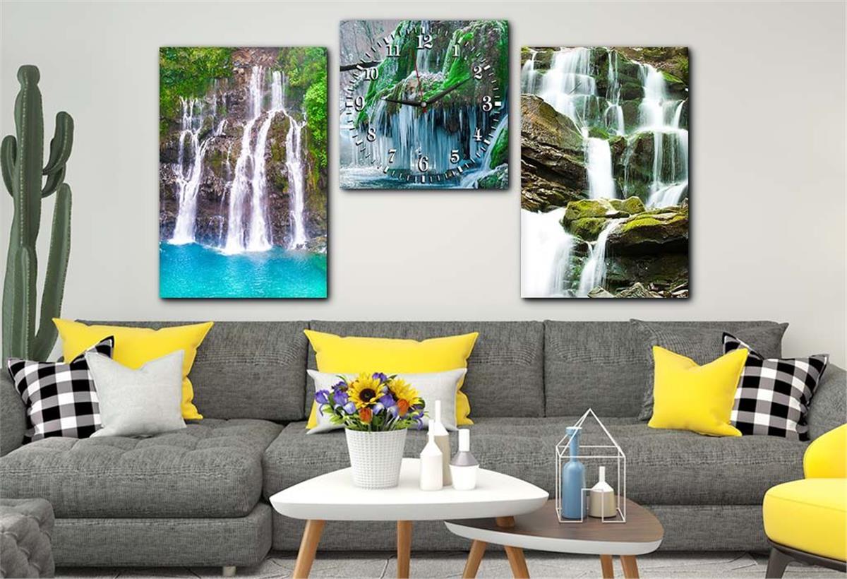 Waterfall Landscape Glass Wall Art Set with Clock