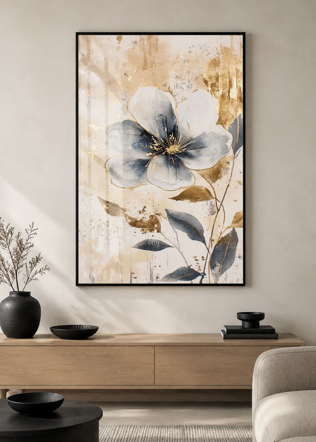 Gold Detaylı Mavi Çiçek Alüminyum Çerçeveli Modern Cam Duvar Tablosu