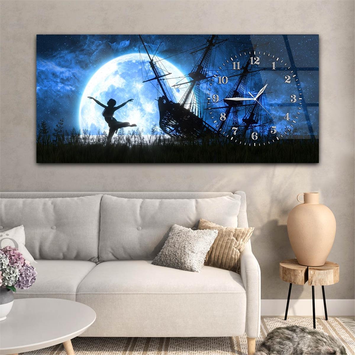 Yatay Saatli Yandan Sanat Temalı Cam Tablo 274