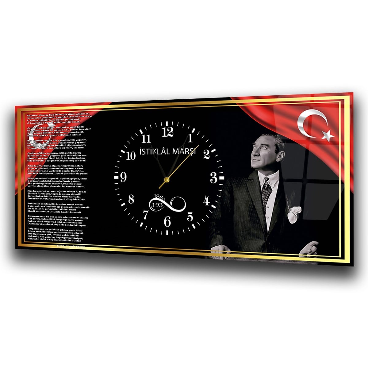 Gold Çerçeve Görselli İstiklal Marşı ve Atatürk Yatay Ortadan Saatli  Vatan Temalı Cam Tablo 044