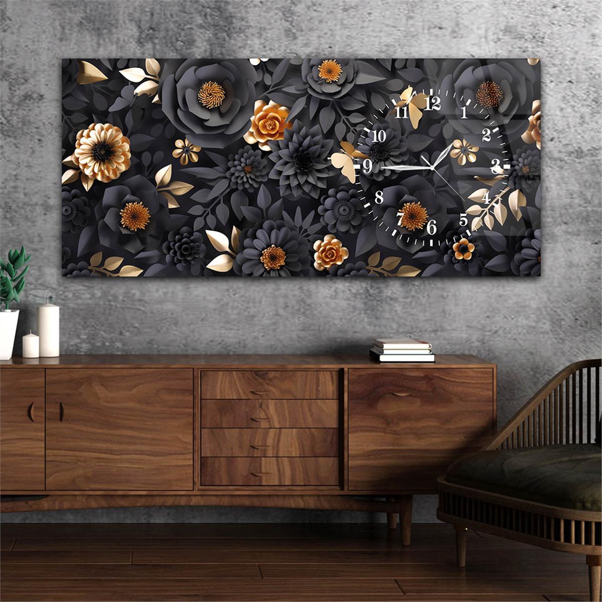 Tableau en verre à thème art et nature avec horloge latérale horizontale 047