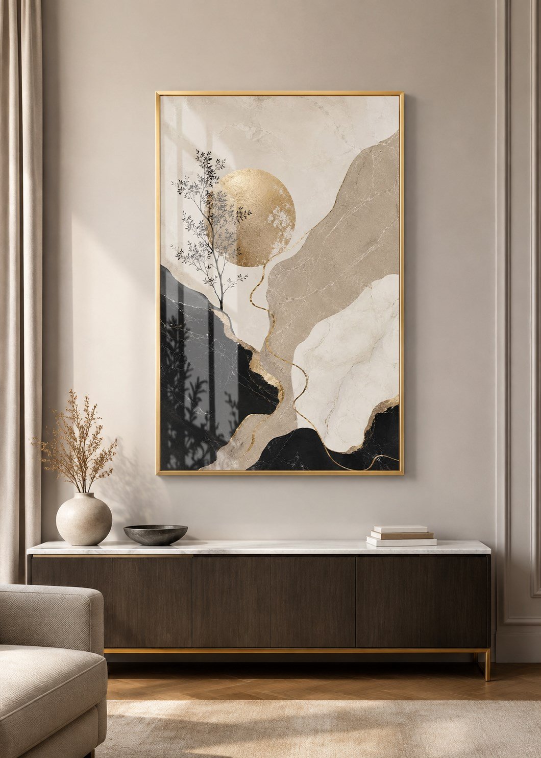 Gold Güneş ve Minimal Doğa Alüminyum Çerçeveli Modern Cam Duvar Tablosu