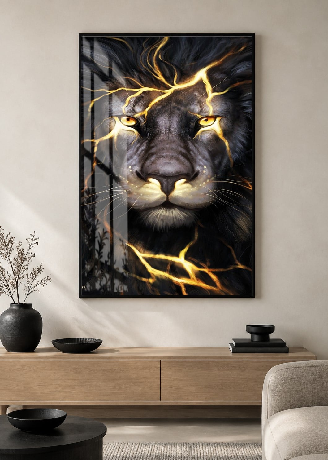 Siyah Gold Aslan Portresi Alüminyum Çerçeveli Lüks Cam Duvar Tablosu