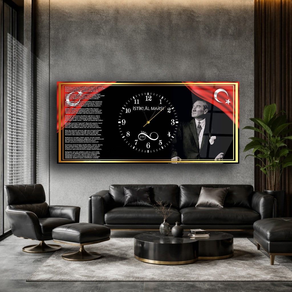 Gold Çerçeve Görselli İstiklal Marşı ve Atatürk Yatay Ortadan Saatli  Vatan Temalı Cam Tablo 044