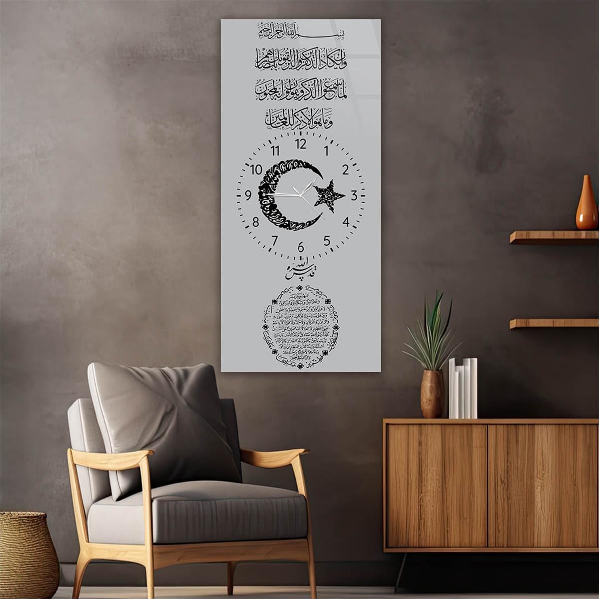 Vertical Religious Themed Glass Wall Art with Clock at the Center 025