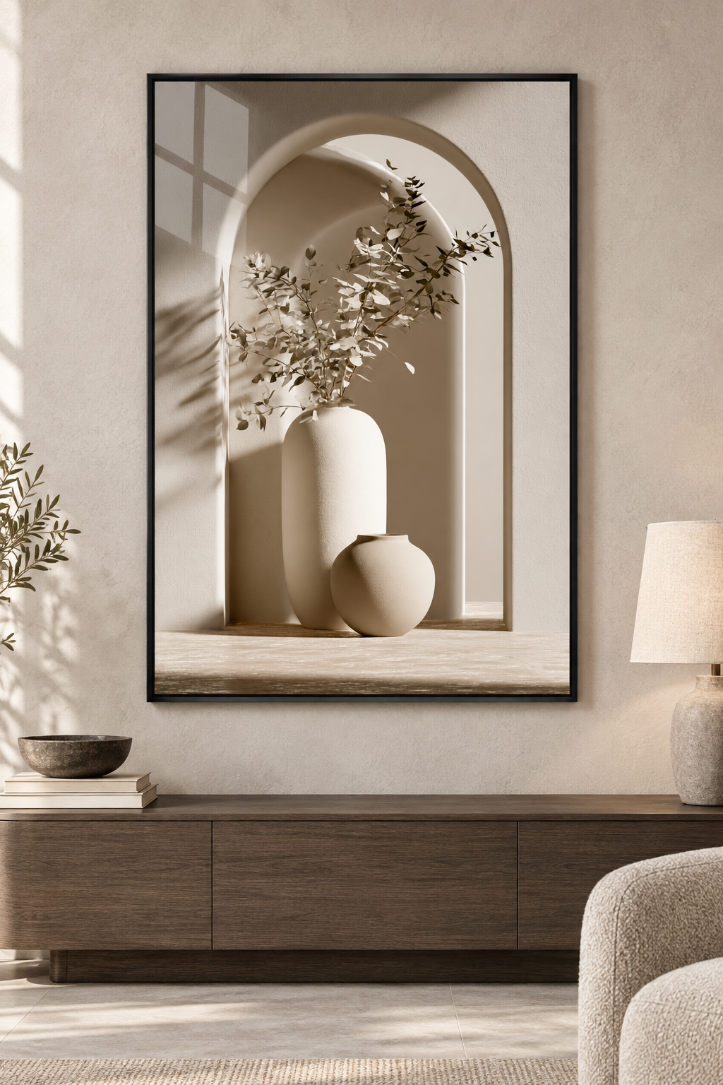 Modern Kemerli Minimalist İkili Vazo - Gerçek Cama Baskı Siyah Alüminyum Metal Çerçeveli Tekli Cam Tablo