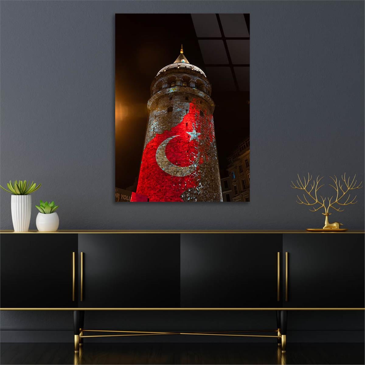 Glass Wall Art with Galata Tower and Turkish Flag