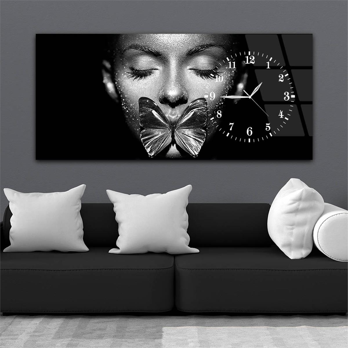 Horizontal bedrucktes Glas mit Kunst und Naturthema und einer Uhr an der Seite 041