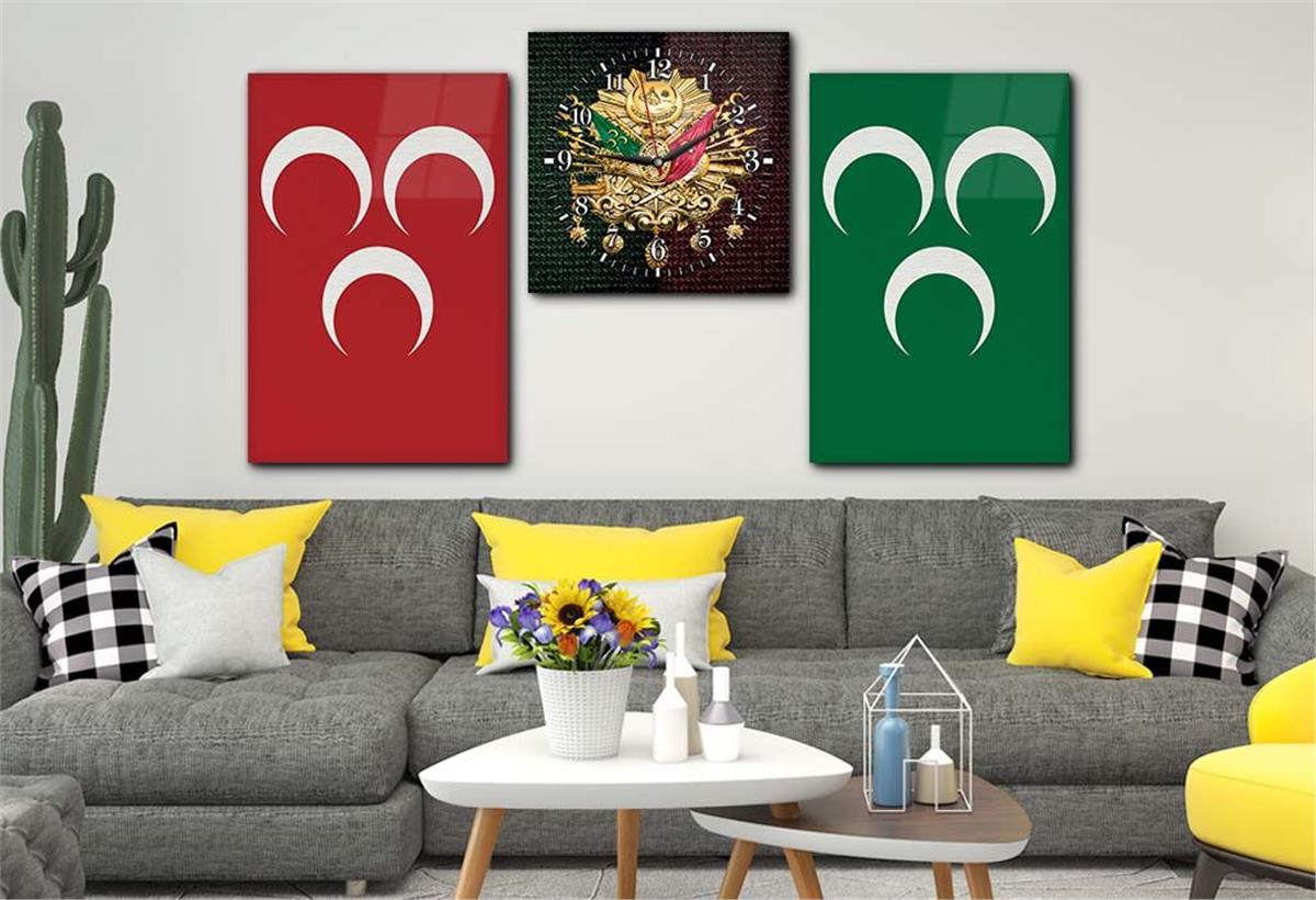Ottoman State Coat of Arms and Three Crescent Tempered Glass Wall Art Set with Clock