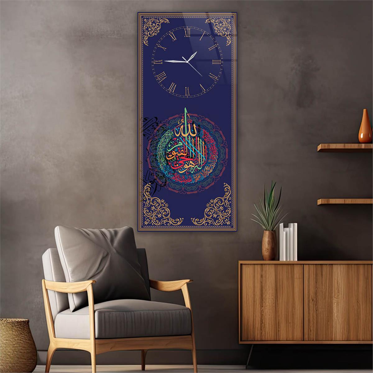 Vertical Religious Themed Glass Wall Art with Clock at the Top  034