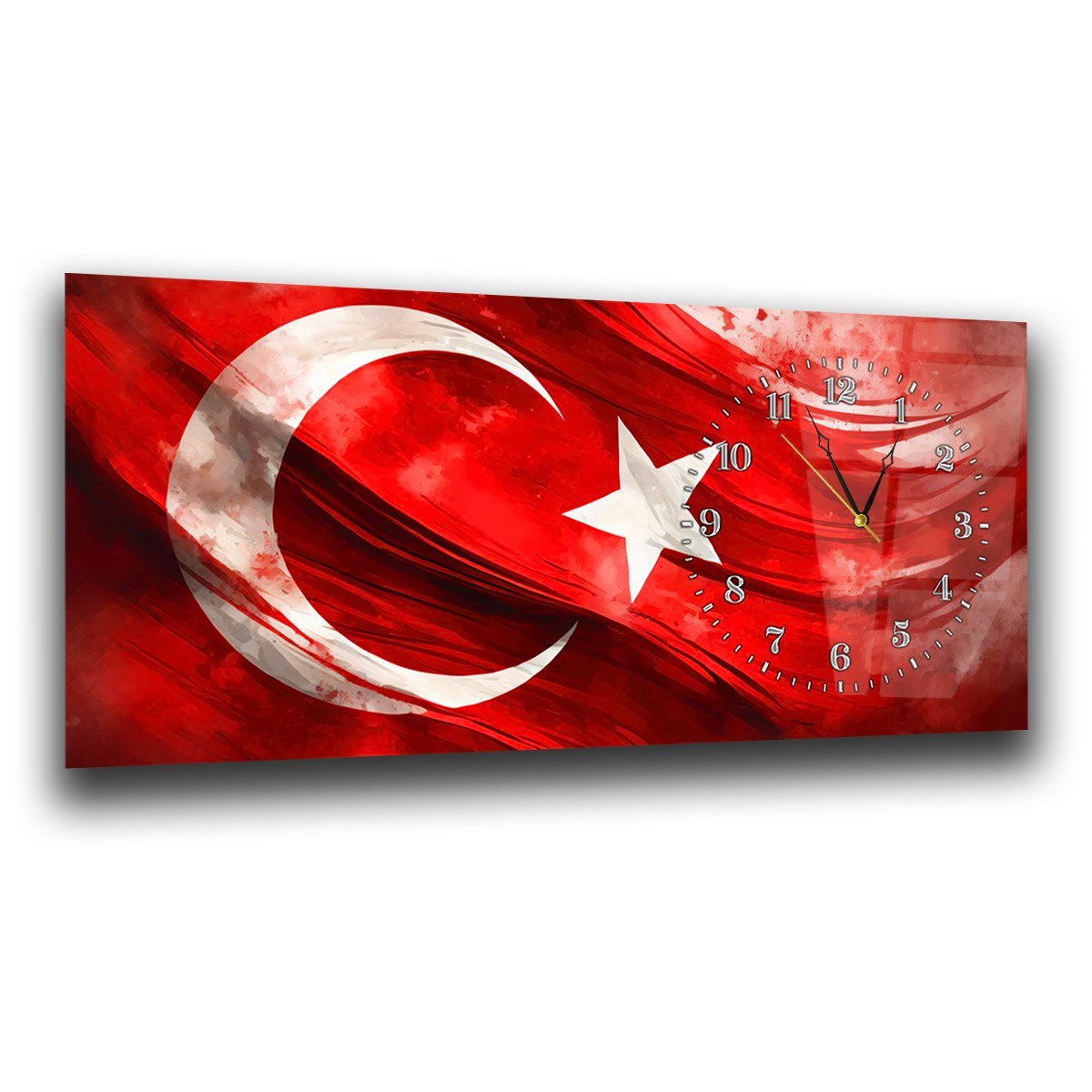 Yatay Saatli Yandan Vatan Temalı Cam Tablo 028
